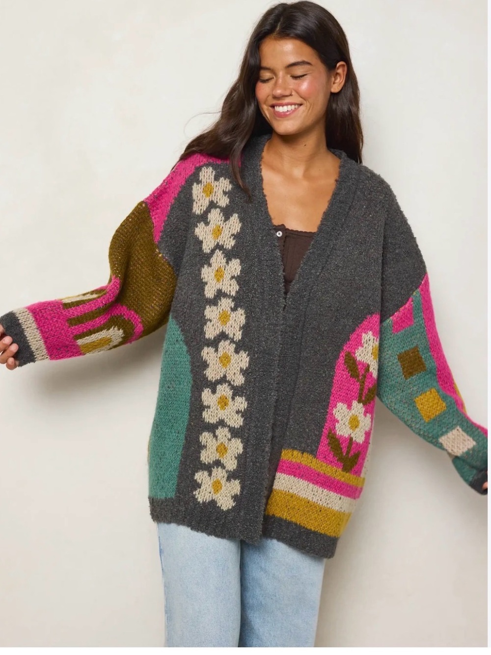 NATURAL LIFE Dreamer Reversible Sweater Gray Floral Knit Open Cardigan